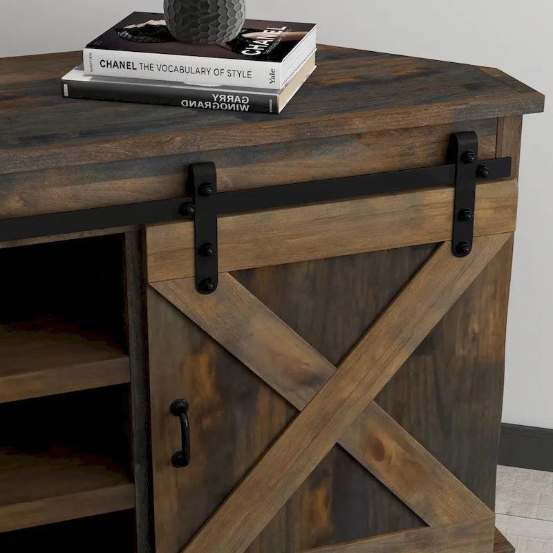 Meuble TV d'angle de 66 pouces, style ferme, pour téléviseurs jusqu'à 80 pouces, aucun assemblage requis, finition bois de grange