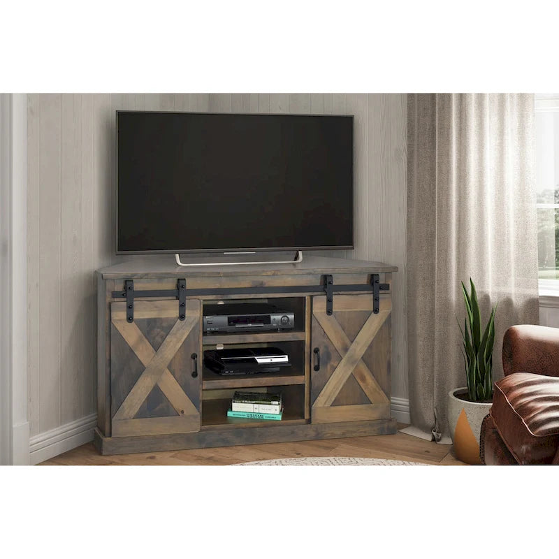 Meuble TV d'angle de 66 pouces, style ferme, pour téléviseurs jusqu'à 80 pouces, aucun assemblage requis, finition bois de grange