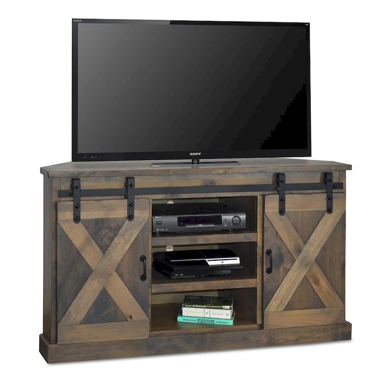 Meuble TV d'angle de 66 pouces, style ferme, pour téléviseurs jusqu'à 80 pouces, aucun assemblage requis, finition bois de grange