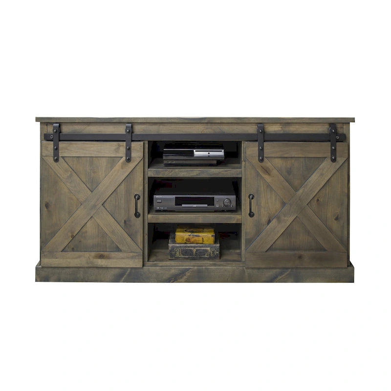 Meuble TV d'angle de 66 pouces, style ferme, pour téléviseurs jusqu'à 80 pouces, aucun assemblage requis, finition bois de grange