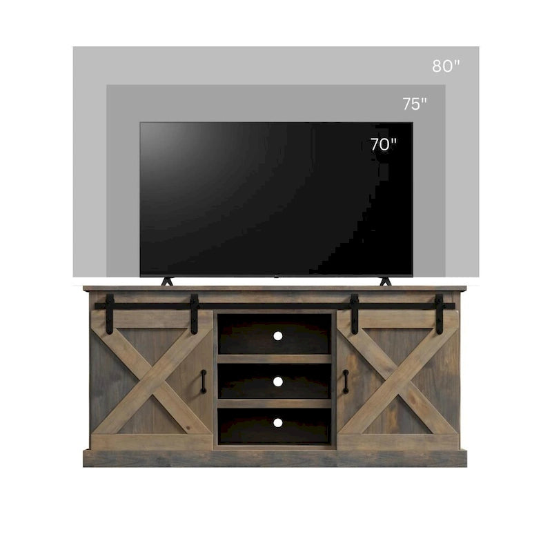 Meuble TV d'angle de 66 pouces, style ferme, pour téléviseurs jusqu'à 80 pouces, aucun assemblage requis, finition bois de grange