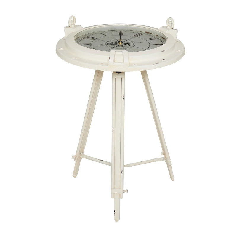 Table d'appoint en métal sur le thème de la boussole — Dotée d'une horloge intégrée et d'un plateau en verre transparent (Disponible en blanc ou en noir)