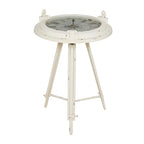 Table d'appoint en métal sur le thème de la boussole — Dotée d'une horloge intégrée et d'un plateau en verre transparent (Disponible en blanc ou en noir)