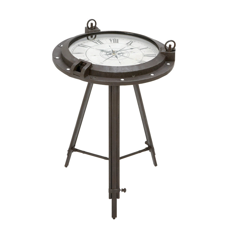 Table d'appoint en métal sur le thème de la boussole — Dotée d'une horloge intégrée et d'un plateau en verre transparent (Disponible en blanc ou en noir)