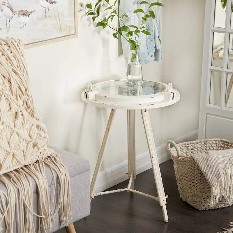 Table d'appoint en métal sur le thème de la boussole — Dotée d'une horloge intégrée et d'un plateau en verre transparent (Disponible en blanc ou en noir)