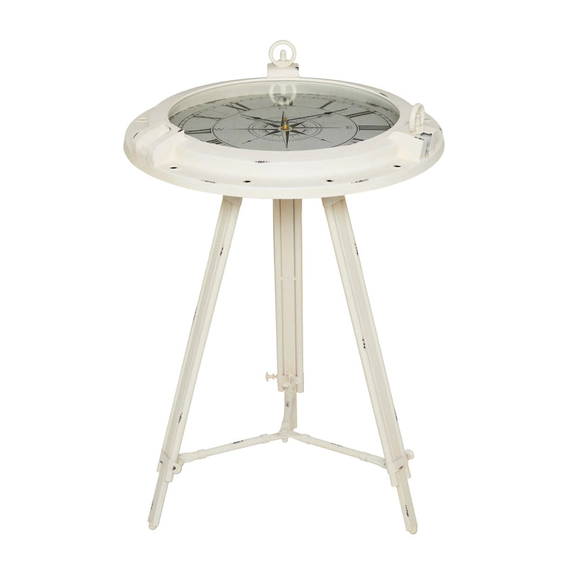 Table d'appoint en métal sur le thème de la boussole — Dotée d'une horloge intégrée et d'un plateau en verre transparent (Disponible en blanc ou en noir)