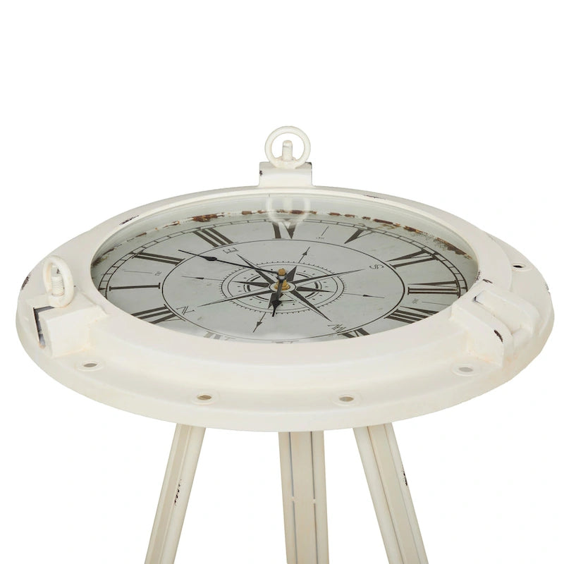 Table d'appoint en métal sur le thème de la boussole — Dotée d'une horloge intégrée et d'un plateau en verre transparent (Disponible en blanc ou en noir)