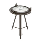 Table d'appoint en métal sur le thème de la boussole — Dotée d'une horloge intégrée et d'un plateau en verre transparent (Disponible en blanc ou en noir)