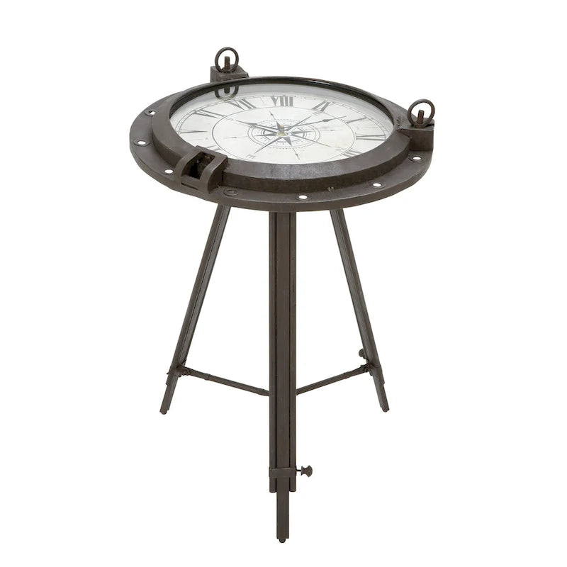 Table d'appoint en métal sur le thème de la boussole — Dotée d'une horloge intégrée et d'un plateau en verre transparent (Disponible en blanc ou en noir)