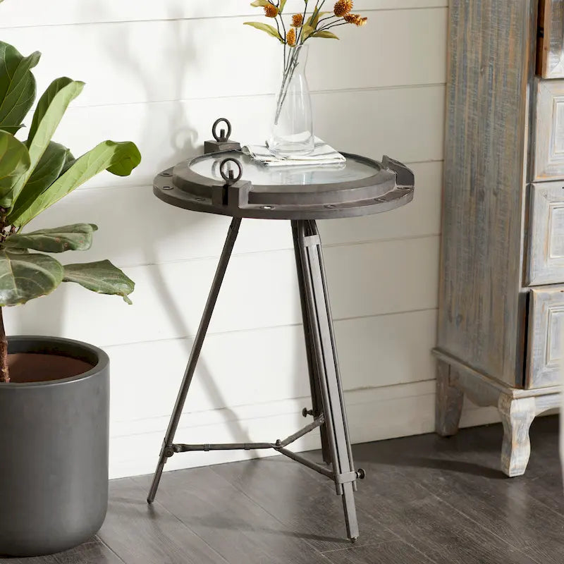 Table d'appoint en métal sur le thème de la boussole — Dotée d'une horloge intégrée et d'un plateau en verre transparent (Disponible en blanc ou en noir)