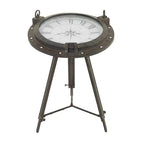 Table d'appoint en métal sur le thème de la boussole — Dotée d'une horloge intégrée et d'un plateau en verre transparent (Disponible en blanc ou en noir)