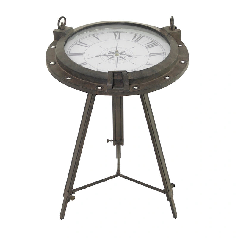 Table d'appoint en métal sur le thème de la boussole — Dotée d'une horloge intégrée et d'un plateau en verre transparent (Disponible en blanc ou en noir)
