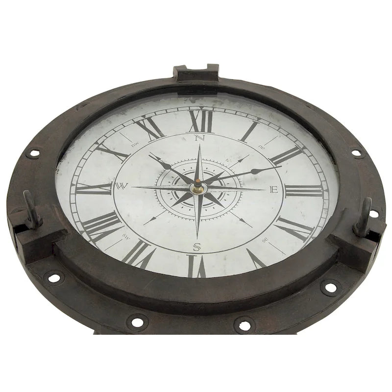 Table d'appoint en métal sur le thème de la boussole — Dotée d'une horloge intégrée et d'un plateau en verre transparent (Disponible en blanc ou en noir)
