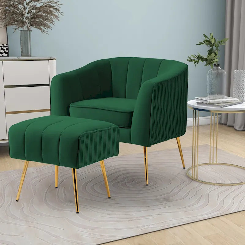 Fauteuil d'appoint moderne en velours avec pouf et accoudoirs ronds