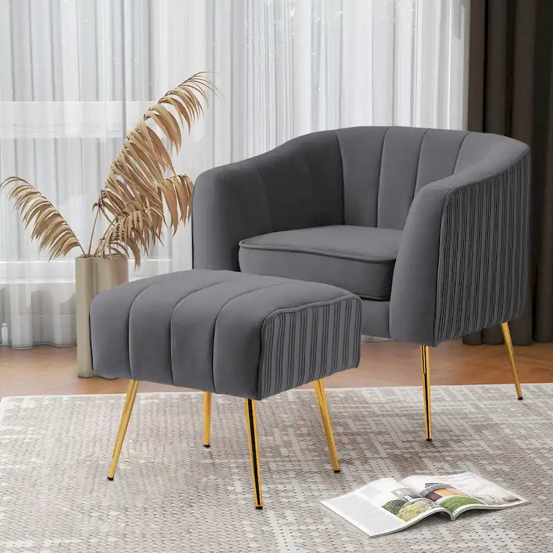 Fauteuil d'appoint moderne en velours avec pouf et accoudoirs ronds