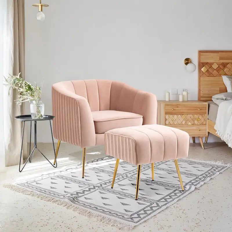 Fauteuil d'appoint moderne en velours avec pouf et accoudoirs ronds