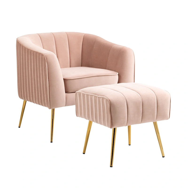 Fauteuil d'appoint moderne en velours avec pouf et accoudoirs ronds