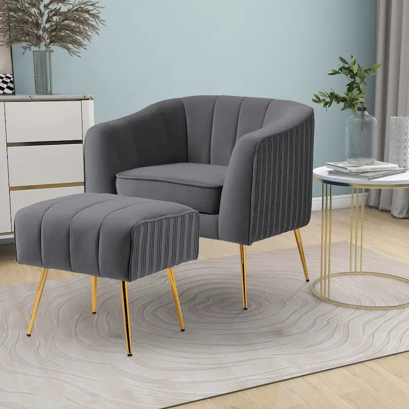 Fauteuil d'appoint moderne en velours avec pouf et accoudoirs ronds