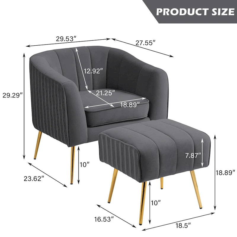 Fauteuil d'appoint moderne en velours avec pouf et accoudoirs ronds