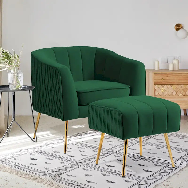 Fauteuil d'appoint moderne en velours avec pouf et accoudoirs ronds