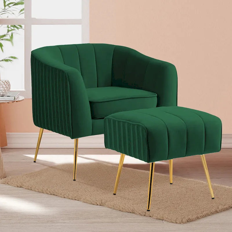 Fauteuil d'appoint moderne en velours avec pouf et accoudoirs ronds