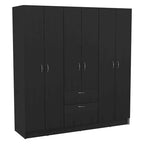 Armoire six portes, sept étagères intérieures, un tiroir, une tringle à vêtements