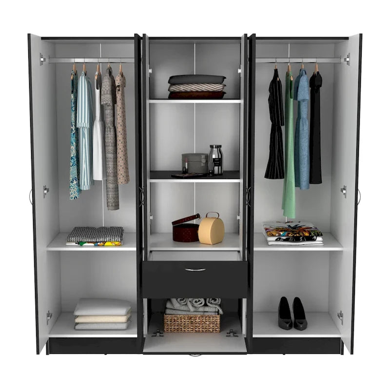 Armoire six portes, sept étagères intérieures, un tiroir, une tringle à vêtements