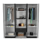 Armoire six portes, sept étagères intérieures, un tiroir, une tringle à vêtements