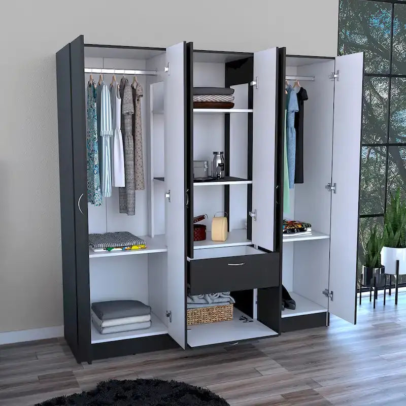 Armoire six portes, sept étagères intérieures, un tiroir, une tringle à vêtements