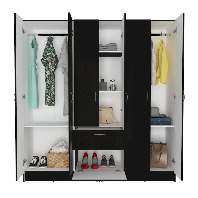 Armoire six portes, sept étagères intérieures, un tiroir, une tringle à vêtements