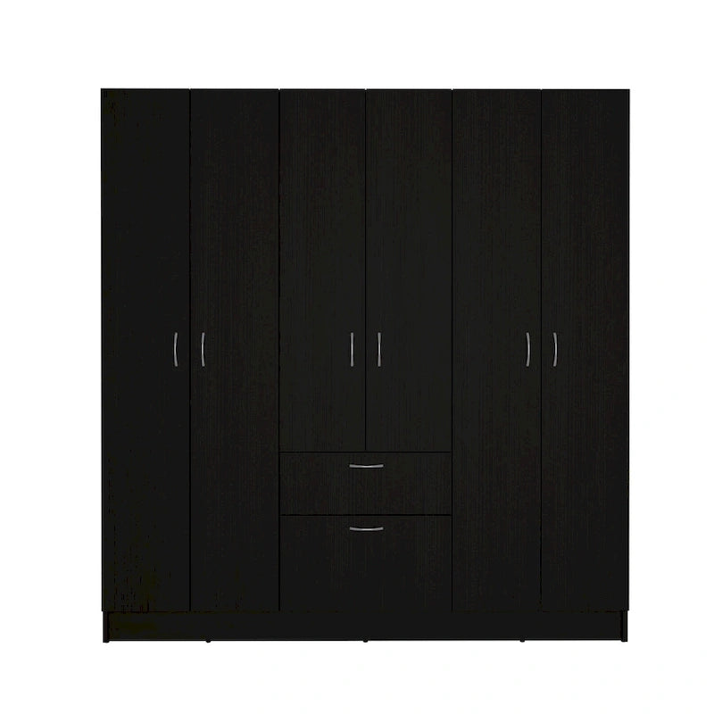 Armoire six portes, sept étagères intérieures, un tiroir, une tringle à vêtements