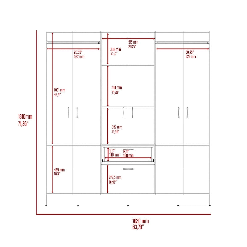 Armoire six portes, sept étagères intérieures, un tiroir, une tringle à vêtements