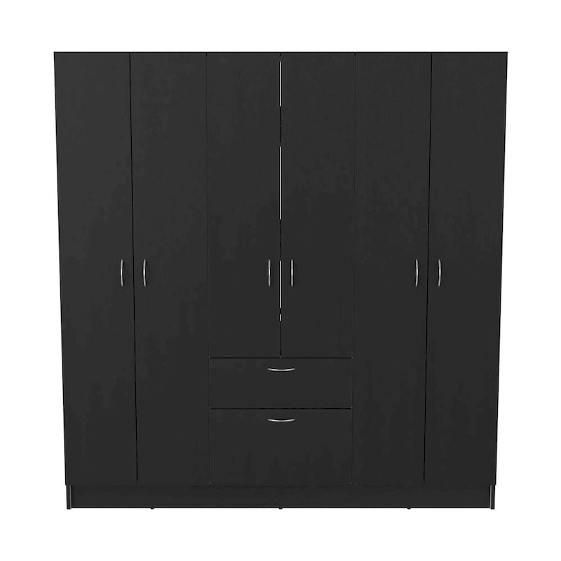 Armoire six portes, sept étagères intérieures, un tiroir, une tringle à vêtements