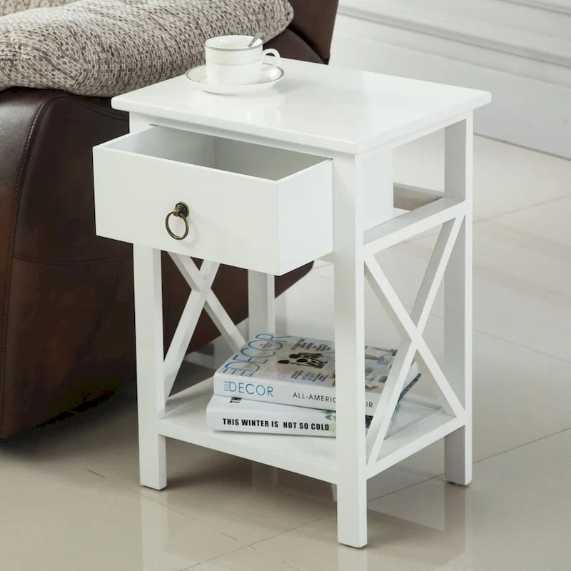 Table de chevet en bois avec base en X et tiroir de rangement unique