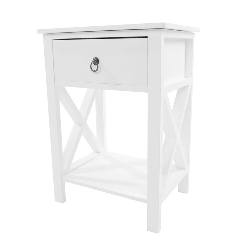 Table de chevet en bois avec base en X et tiroir de rangement unique