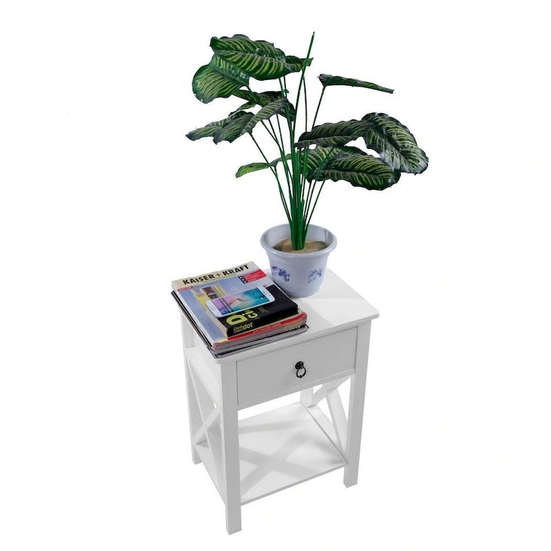 Table de chevet en bois avec base en X et tiroir de rangement unique