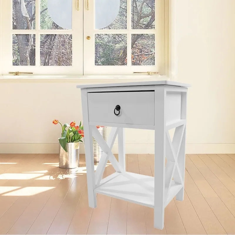 Table de chevet en bois avec base en X et tiroir de rangement unique