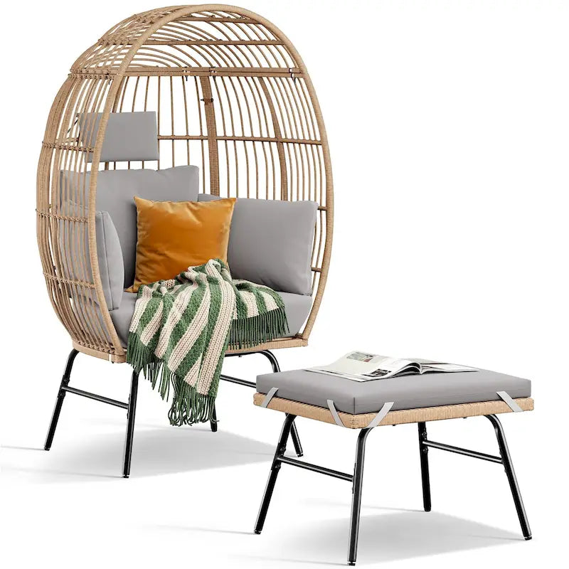 Fauteuil œuf et pouf en osier pour jardin extérieur