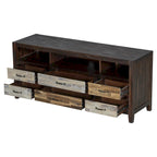 Meuble TV Rétro en Bois Vieilli pour TV jusqu'à 65 Pouces, Meuble TV Console Multimédia avec 6 Tiroirs et 3 Étagères