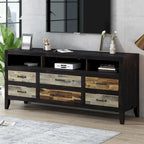 Meuble TV Rétro en Bois Vieilli pour TV jusqu'à 65 Pouces, Meuble TV Console Multimédia avec 6 Tiroirs et 3 Étagères