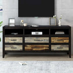 Meuble TV Rétro en Bois Vieilli pour TV jusqu'à 65 Pouces, Meuble TV Console Multimédia avec 6 Tiroirs et 3 Étagères